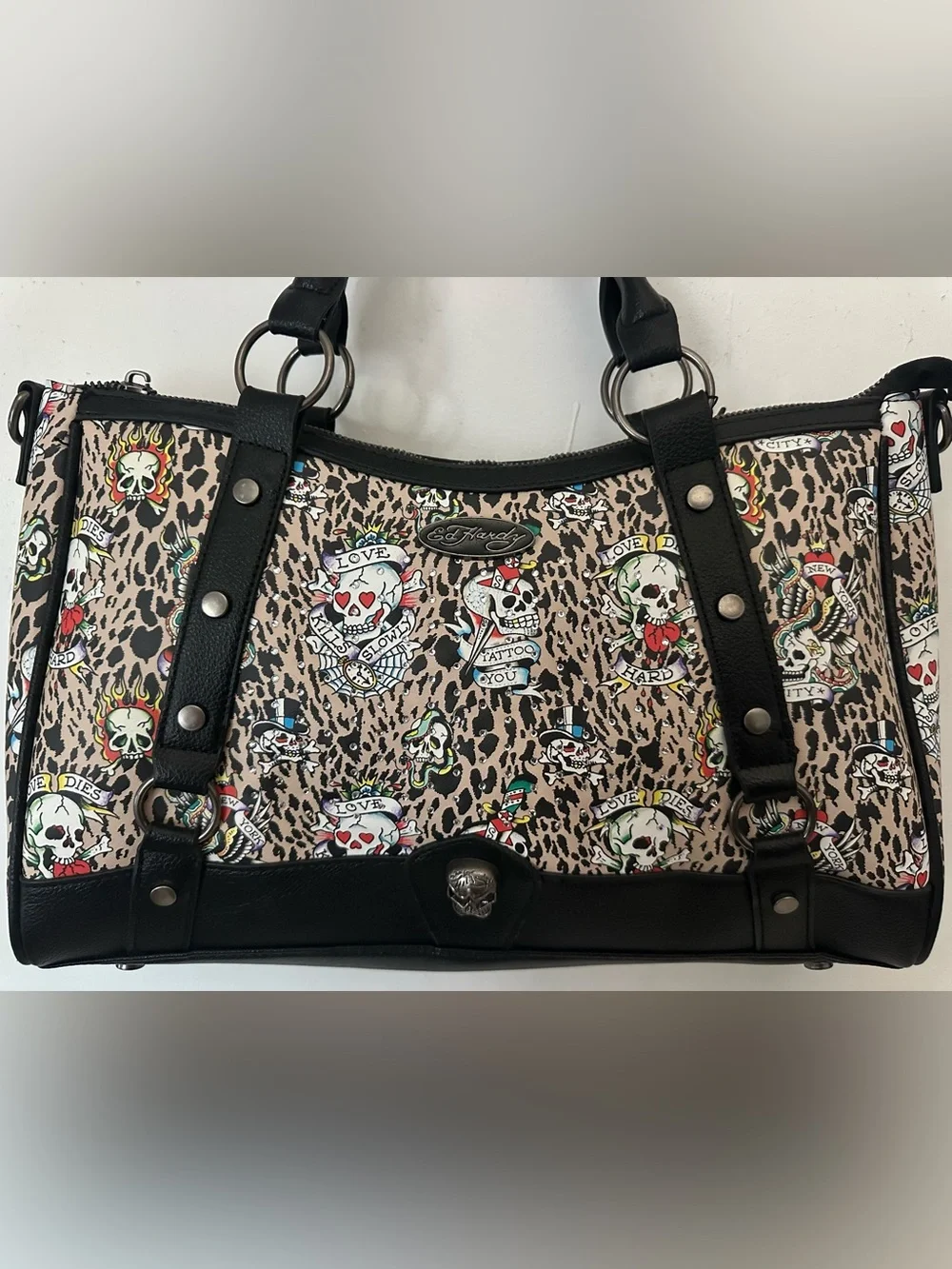 Ed Hardy Leopard Skull Print Satchel - Black & Tan